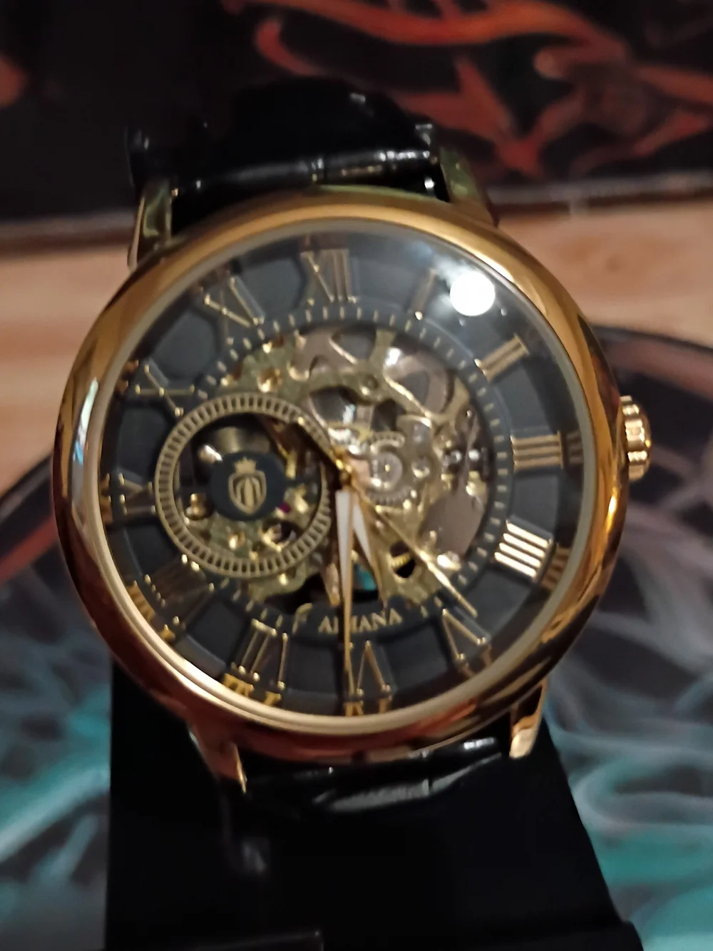 Men's Skeleton Mechanical Watch - Black & Gold